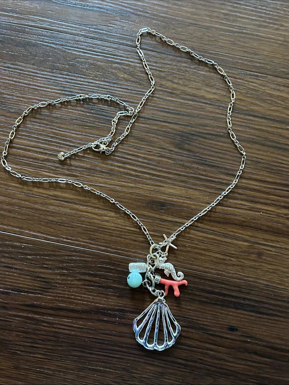 Brighton Silver Shell Necklace with Aqua and Coral Accents